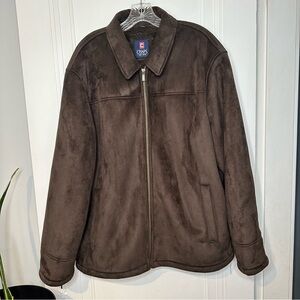Mens Chaps Jacket Brown Faux Suede Collared Zip Pockets Faux Fur Lined Large